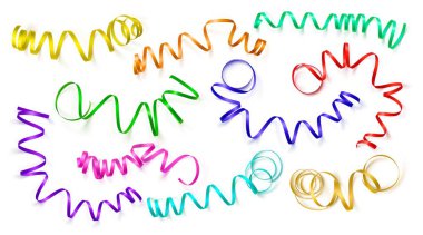 Beyaz arka planda gerçekçi renkli şeritler ayarlayın. Vektör Illustration. Tebrik kartı, tatil, afiş, hediyeler ve vb için kullanılabilir.