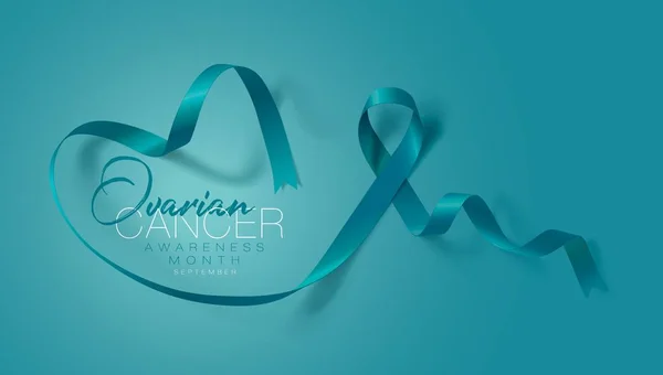 Ovarian Cancer Awareness Calligraphy Poster Design. Realistic Teal Ribbon. September is Cancer Awareness Month. Vector