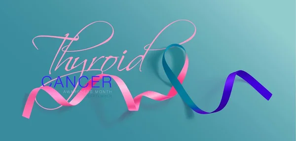 甲状腺癌意识书法海报设计。逼真的青色和粉红色和蓝色丝带。9月是癌症宣传月。向量 — 图库矢量图片