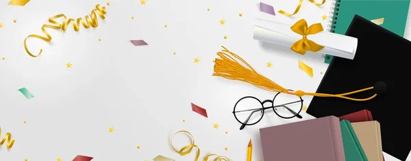 Graduation vector banner. Background Congrats graduates with objects viewed from above hat with degree paper, books, notebook and pencil, glasses, gold confetti, ribbons and stars. — Stock Vector