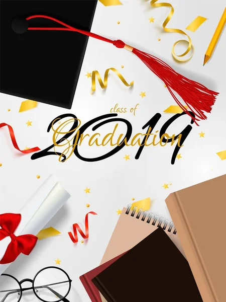 Graduation vector banner. Background Congrats graduates with objects viewed from above hat with degree paper, books, notebook and pencil, glasses, gold confetti, ribbons and stars. — Stock Vector