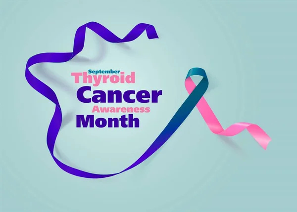 Thyroid Cancer Awareness Calligraphy Poster Design. Teal realista y cinta rosa y azul. Septiembre es el Mes de la Conciencia del Cáncer. Vector — Vector de stock