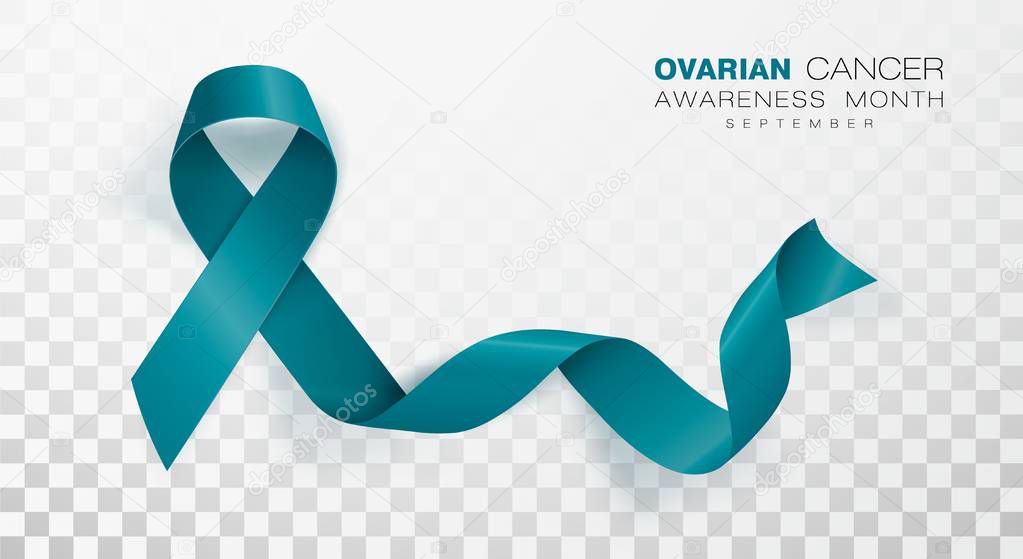 Ovarian Cancer Awareness Month. Teal Color Ribbon Isolated On Transparent Background. Vector Design Template For Poster.