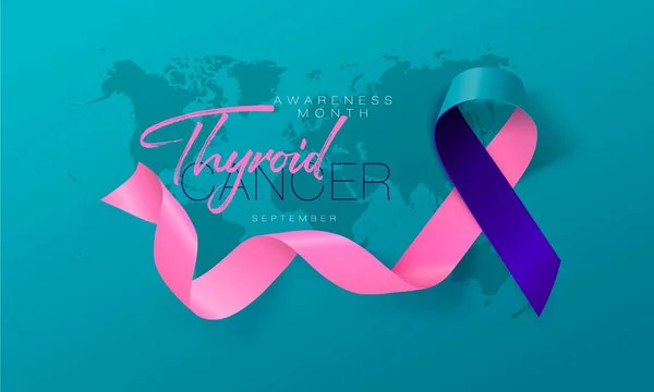 甲状腺癌意识书法海报设计。逼真的青色和粉红色和蓝色丝带。9月是癌症宣传月。向量 — 图库矢量图片