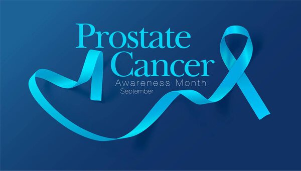 Prostate Cancer Awareness Calligraphy Poster Design. Realistic Light Blue Ribbon. September is Cancer Awareness Month. Vector