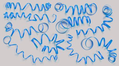 Gri arka planda gerçekçi mavi şeritler kümesi. Vektör illüstrasyon. Tebrik kartı, tatil, afiş, hediye ve vb için kullanılabilir.