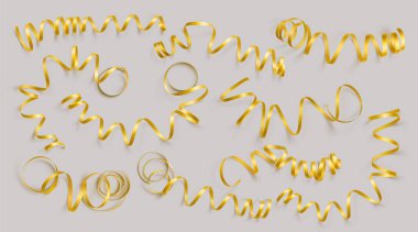 Gri arka plan üzerinde gerçekçi altın şeritler kümesi. Vektör illüstrasyon. Tebrik kartı, tatil, afiş, hediye ve vb için kullanılabilir.