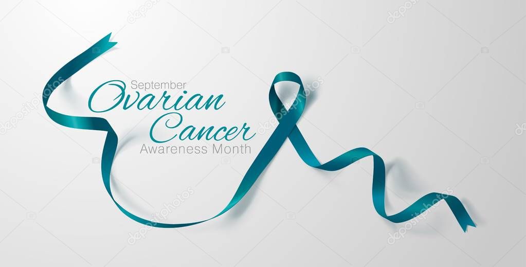 Ovarian Cancer Awareness Calligraphy Poster Design. Realistic Teal Ribbon. September is Cancer Awareness Month. Vector