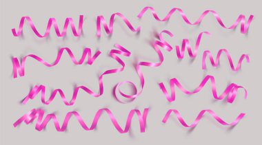 Gri arka planda gerçekçi pembe kurdeleler ayarlayın. Vektör illüstrasyon. Tebrik kartı, tatil, afiş, hediye ve vb için kullanılabilir.