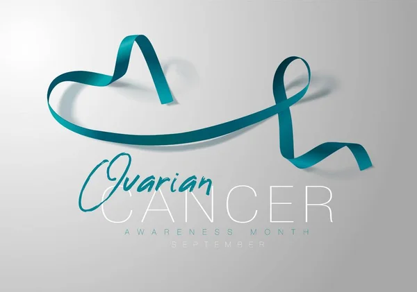 Ovarian Cancer Awareness Calligraphy Poster Design (en inglés). Cinta Teal realista. Septiembre es el Mes de la Conciencia del Cáncer. Vector — Vector de stock