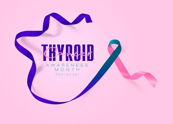 Thyroid Cancer Awareness Calligraphy Poster Design (em inglês). Teal realista e fita rosa e azul. Setembro é mês de conscientização do câncer. Vetor —  Vetores de Stock