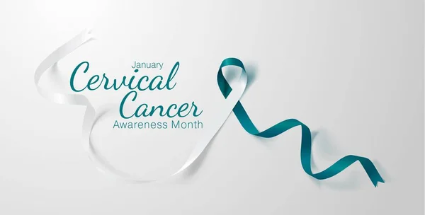 Cervical Cancer Awareness Calligraphy Poster Design. Realistic Teal and White Ribbon. January is Cancer Awareness Month. Vector. Illustration