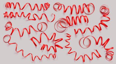 Gri arka planda gerçekçi kırmızı şeritler kümesi. Vektör illüstrasyon. Tebrik kartı, tatil, afiş, hediye ve vb için kullanılabilir.