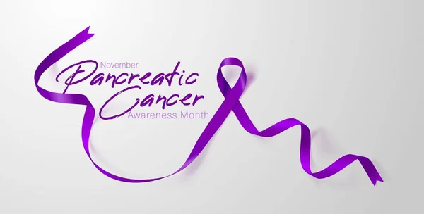 Diseño de póster de caligrafía de conciencia del cáncer de páncreas. Cinta púrpura realista. Noviembre es el Mes de la Conciencia del Cáncer. Ilustración vectorial — Vector de stock