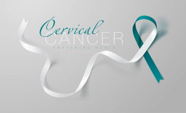 Servikal kanser farkındalık kaligrafi poster tasarımı. Gerçekçi deniz mavisi ve beyaz şerit. Ocak kanser Farkındalık ay olduğunu. Vektör. Illüstrasyon