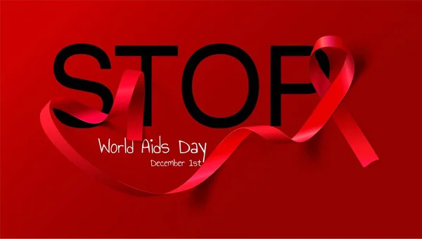 World Aids Day concept. Stop Aids. Awareness. Realistic Red Ribbon. Calligraphy Poster Design. Vector illustration