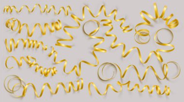 Gri arka plan üzerinde gerçekçi altın şeritler kümesi. Vektör illüstrasyon. Tebrik kartı, tatil, afiş, hediye ve vb için kullanılabilir.