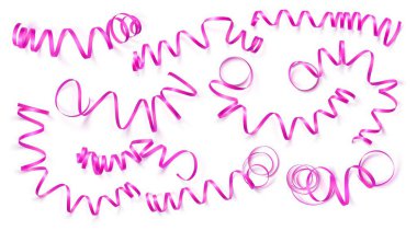 Beyaz arka plan üzerinde gerçekçi pembe kurdeleler ayarlayın. Vektör illüstrasyon. Tebrik kartı, tatil, afiş, hediye ve vb için kullanılabilir.