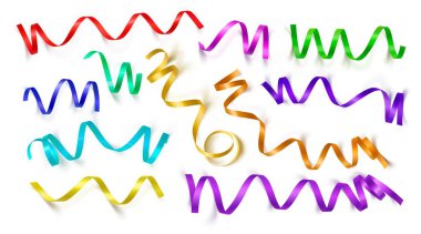 Beyaz arka planda gerçekçi renkli şeritler ayarlayın. Vektör Illustration. Tebrik kartı, tatil, afiş, hediyeler ve vb için kullanılabilir.