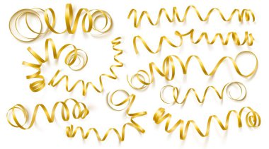 Beyaz arka plan üzerinde gerçekçi altın şeritler kümesi. Vektör illüstrasyon. Tebrik kartı, tatil, afiş, hediye ve vb için kullanılabilir.