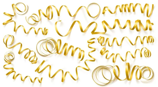 Beyaz arka plan üzerinde gerçekçi altın şeritler kümesi. Vektör illüstrasyon. Tebrik kartı, tatil, afiş, hediye ve vb için kullanılabilir.