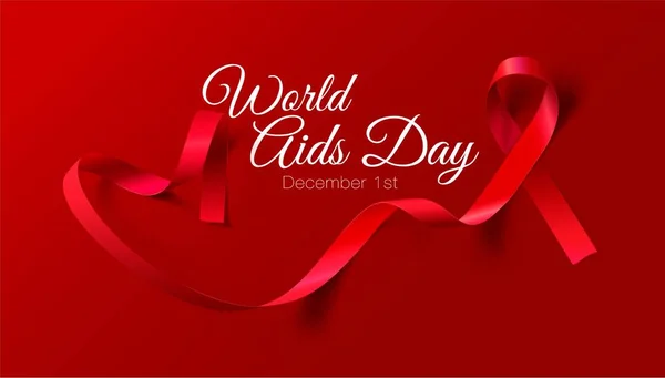 世界艾滋病日概念。艾滋病意识。逼真的红丝带。书法海报设计。向量例证 — 图库矢量图片