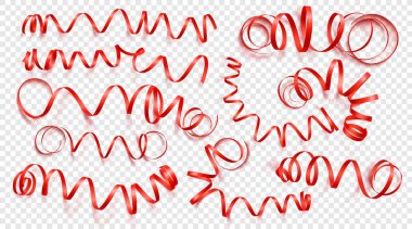 Saydamlık arka plan gerçekçi kırmızı şeritler kümesi. Vektör illüstrasyon. Tebrik kartı, tatil, afiş, hediye ve vb için kullanılabilir.