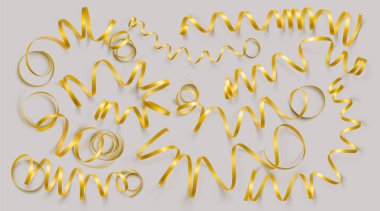 Gri arka plan üzerinde gerçekçi altın şeritler kümesi. Vektör illüstrasyon. Tebrik kartı, tatil, afiş, hediye ve vb için kullanılabilir.