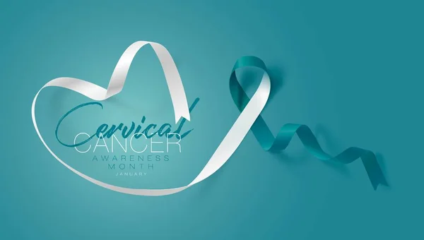 Cervical Cancer Awareness Calligraphy Poster Design. Realistic Teal and White Ribbon. January is Cancer Awareness Month. Vector. Illustration