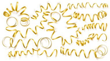 Beyaz arka plan üzerinde gerçekçi altın şeritler kümesi. Vektör illüstrasyon. Tebrik kartı, tatil, afiş, hediye ve vb için kullanılabilir.