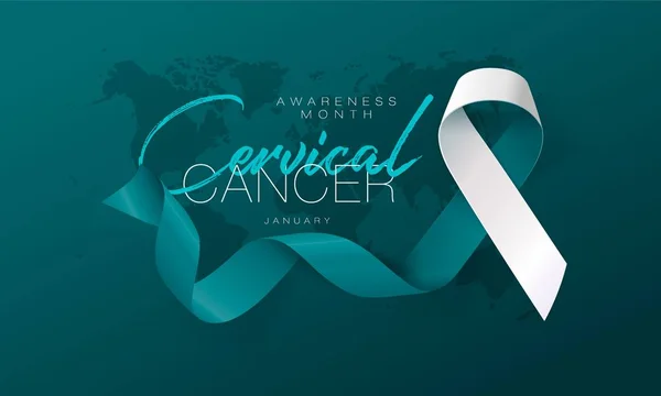 Cáncer de cuello uterino Caligrafía Diseño de póster. Teal realista y cinta blanca. Enero es el Mes de la Conciencia del Cáncer. Vector. Ilustración — Vector de stock