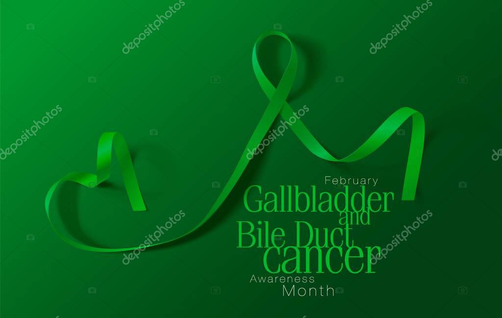 Gallbladder and Bile Duct Cancer Awareness Month. Realistic Kelly Green ribbon symbol. Vector Illustration. Medical Design.