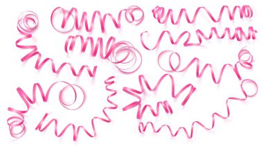 Beyaz arka plan üzerinde gerçekçi pembe kurdeleler ayarlayın. Vektör illüstrasyon. Tebrik kartı, tatil, afiş, hediye ve vb için kullanılabilir.