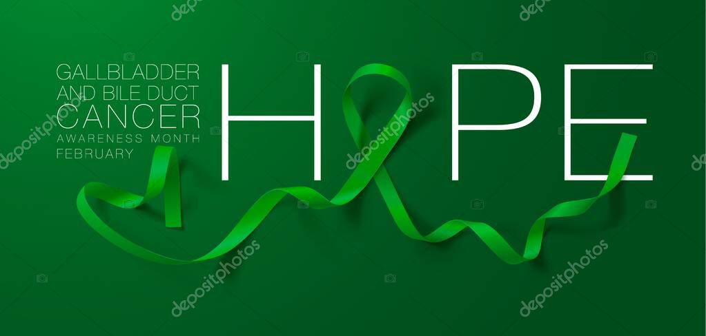 Gallbladder and Bile Duct Cancer Awareness Month. Hope. Realistic Kelly Green ribbon symbol. Vector Illustration. Medical Design.