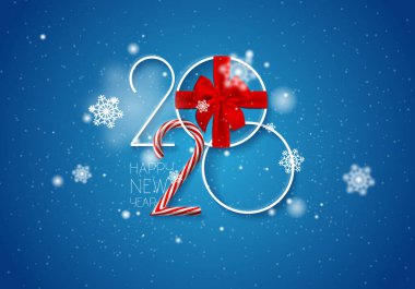 2020 Hediye yayı, karamel kamışı, kar, beyaz sayılar ile mutlu yıllar vektör geçmişi.