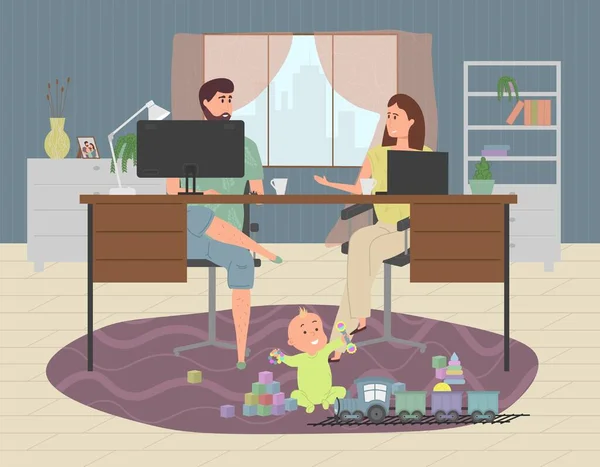 Ouders werken thuis op een computer en laptop terwijl een klein kind speelt met speelgoed en een trein in de buurt zittend op de vloer. — Stockvector