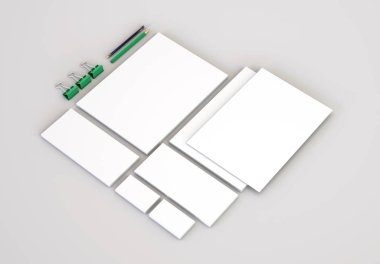 Gerçekçi Kırtasiye örnekler ayarlayın. Antetli Kağıt, kartvizit, zarf, sunu klasörü. 3D render.