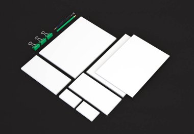 Gerçekçi Kırtasiye örnekler ayarlayın. Antetli Kağıt, kartvizit, zarf, sunu klasörü. 3D render.