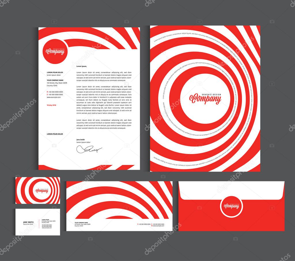 Business identity design templates. Stationery set -  Letterhead A4 template, name card (3,5 x 2), envelope (8.66 x 4.33), presentation folder(9 x 12). Vector illustration.