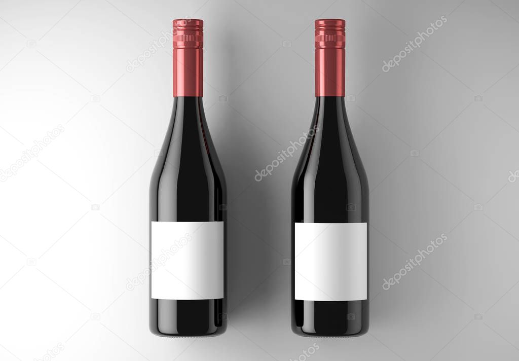2 Black Wine Bottles Mock-Up on a white studio. 3d rendering.