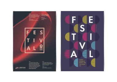 Renkli geometrik öğelerle Festival afişleri düzeni. Vektör çizim.
