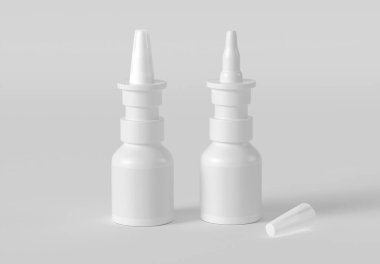 İki Plastik Tıbbi Burun Spreyi Şişe Modeli. 3 Boyutlu Hazırlama.