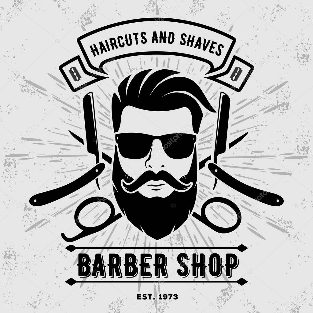 Barber shop vintage label, badge, or emblem on gray background. Vector illustration