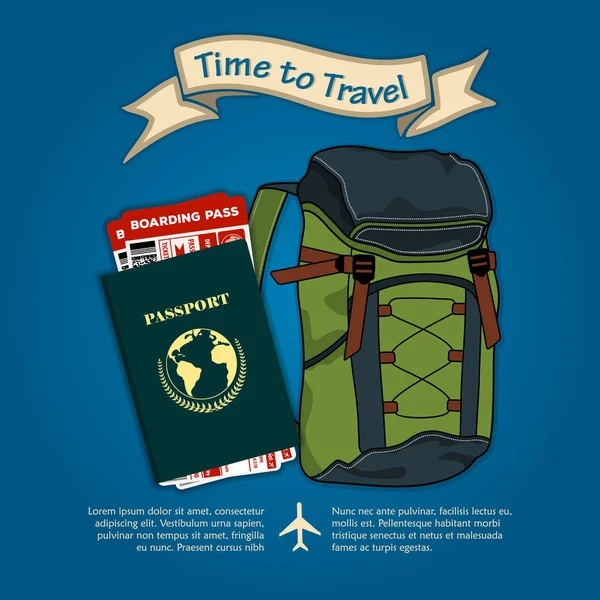 Zeit Reisen Rucksack Internationaler Reisepass Und Bordkarten Für Flugreisen Konzept — Stockvektor