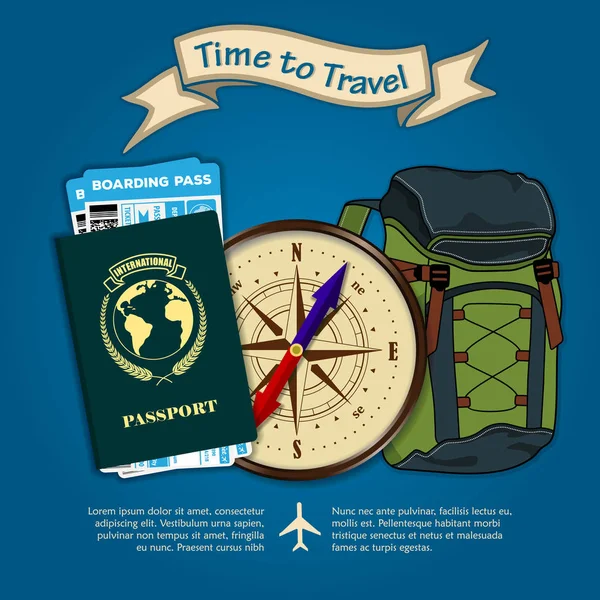Čas Cestování Batoh Mezinárodní Pas Vintage Kompas Palubní Lístky Přechází — Stockový vektor