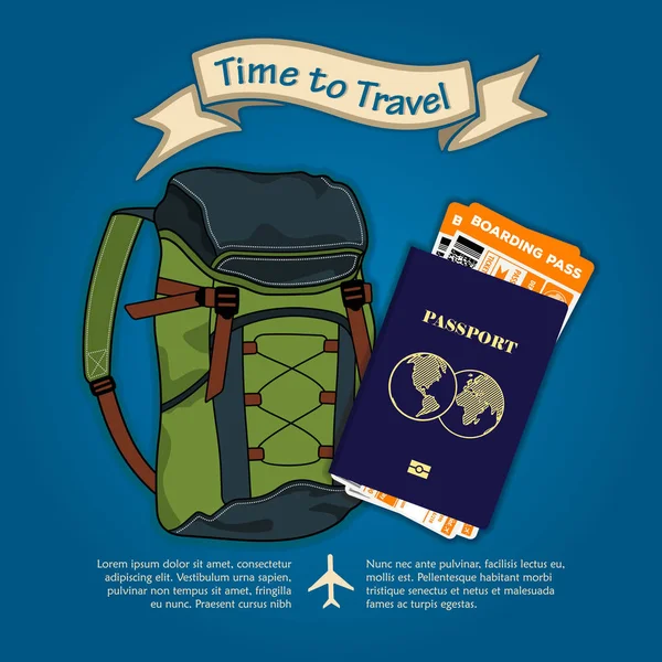 Zeit Reisen Rucksack Internationaler Reisepass Und Bordkarten Für Flugreisen Konzept — Stockvektor