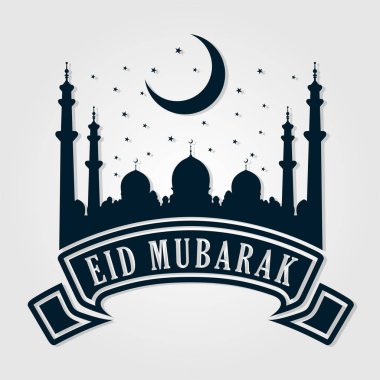 EID mübarek. Cami siluet, hilal ve Arapça hat. Vektör çizim.