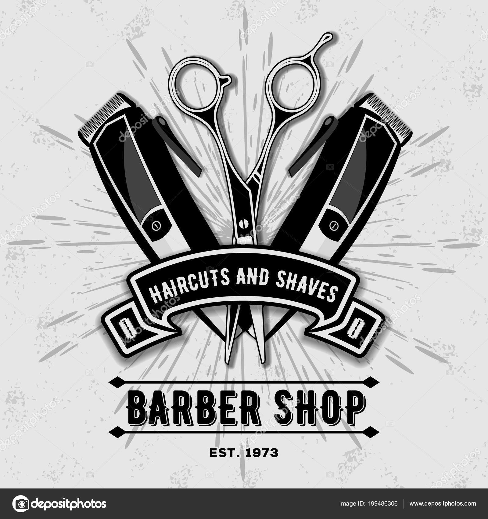 Barber shop vintage label, badge, or emblem with scissors, hair clipper and  razors on gray background. Haircuts and shaves. Vector illustration Stock  Vector by ©zfmbek 208048784
