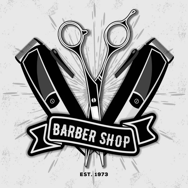 Friseursalon Vintage Etikett Abzeichen Oder Emblem Mit Schere Und Haarschneidemaschine — Stockvektor