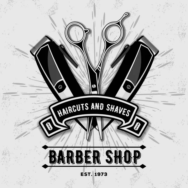 Barber Shop Vintage Label Badge Emblem Scissors Hair Clipper Gray — Stock Vector